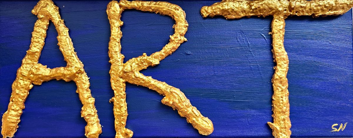 The word ART in raised gold relief on a cobalt-blue canvas