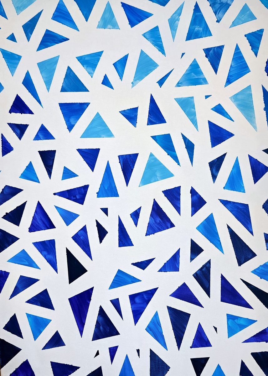 Mosaic of blue and turquoise triangles on white