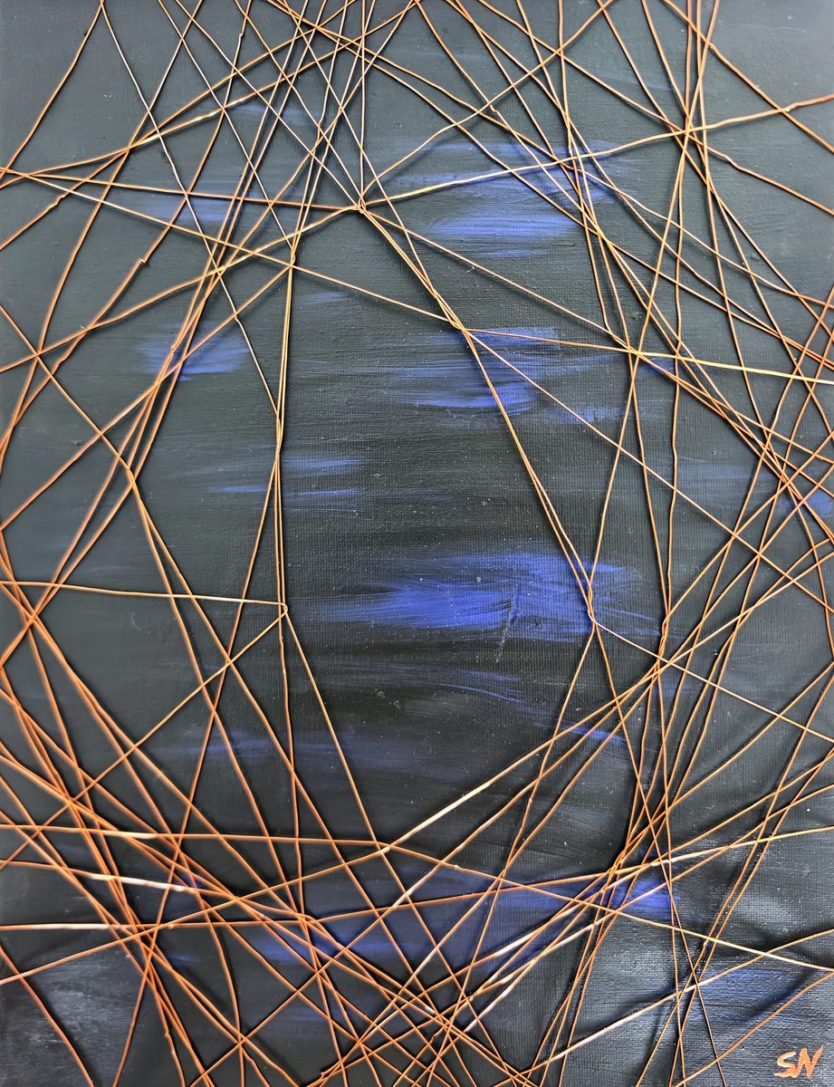 Copper threads crossing a grey canvas over blue brushstrokes