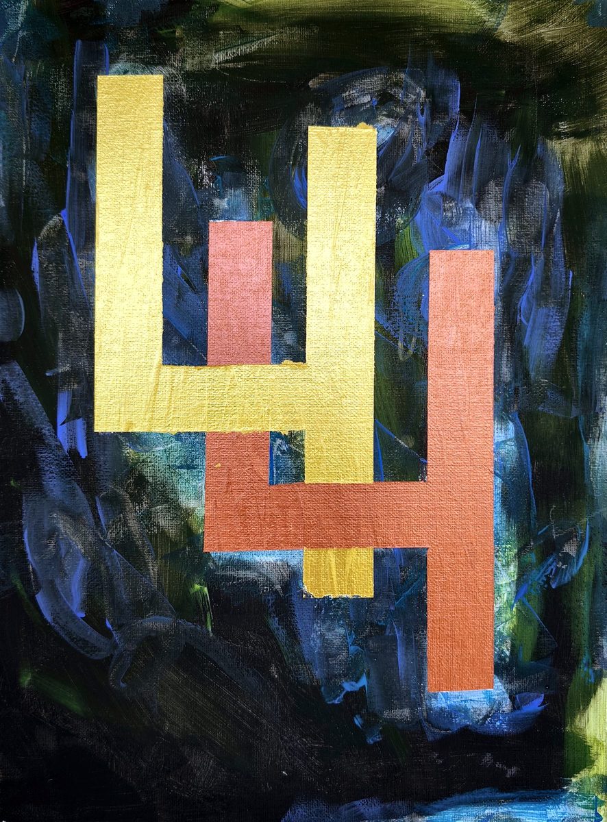 Interlocking gold and copper bars over a dark blue and green ground