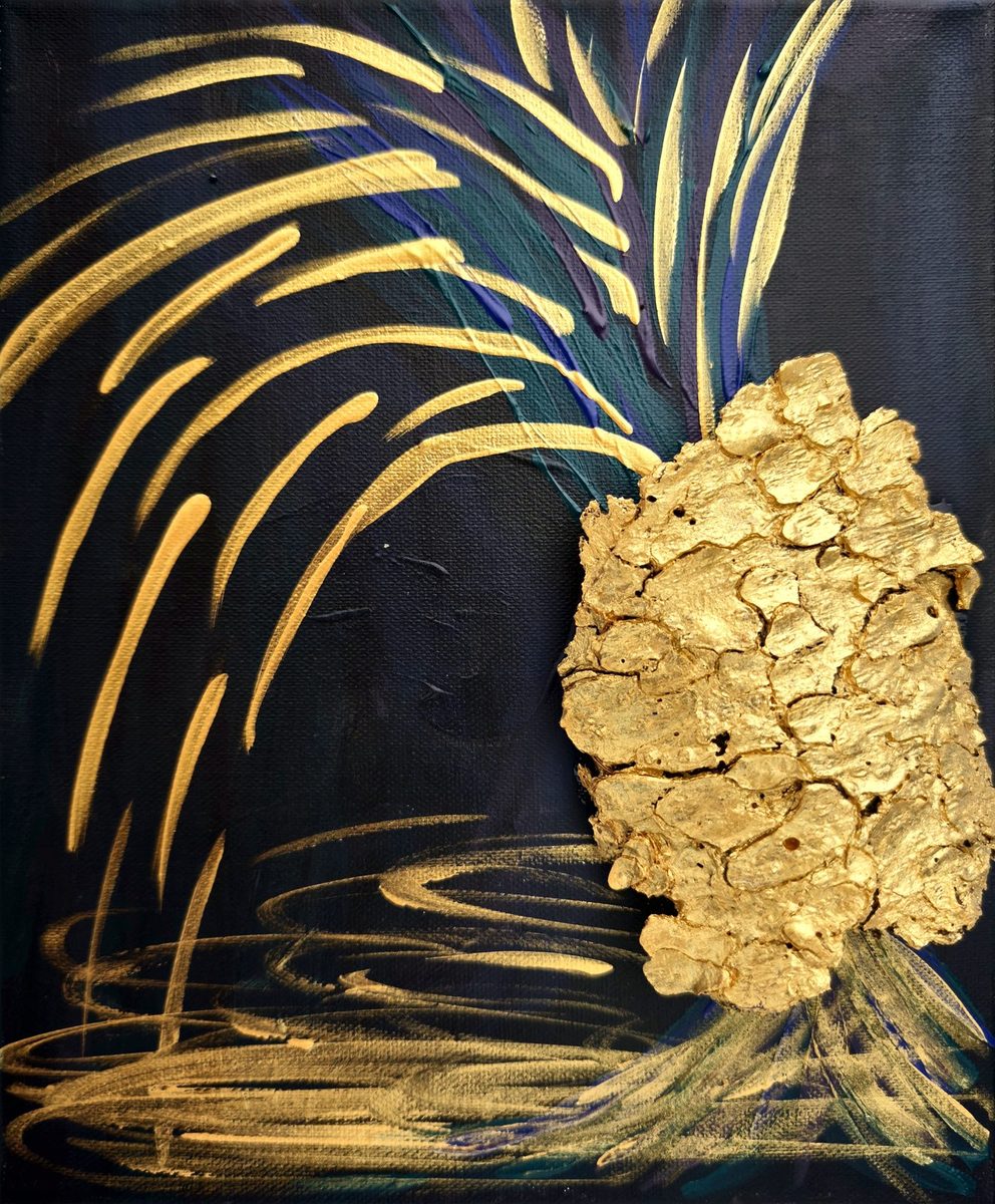 Gold palm-like strokes and a textured gold crust on dark blue