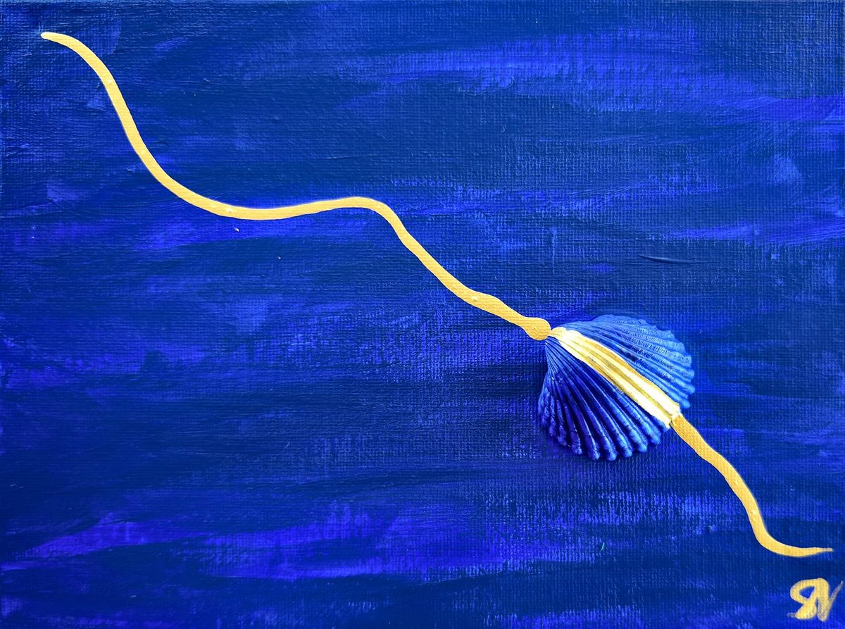 A gold line winding across cobalt blue through a blue shell